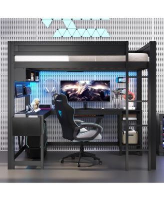 Wood Full Size Gaming Loft Bed w Built In Desk Charging Station LED Lighting Storage Shelves Multifunctional Modern Living Spaces Furniture