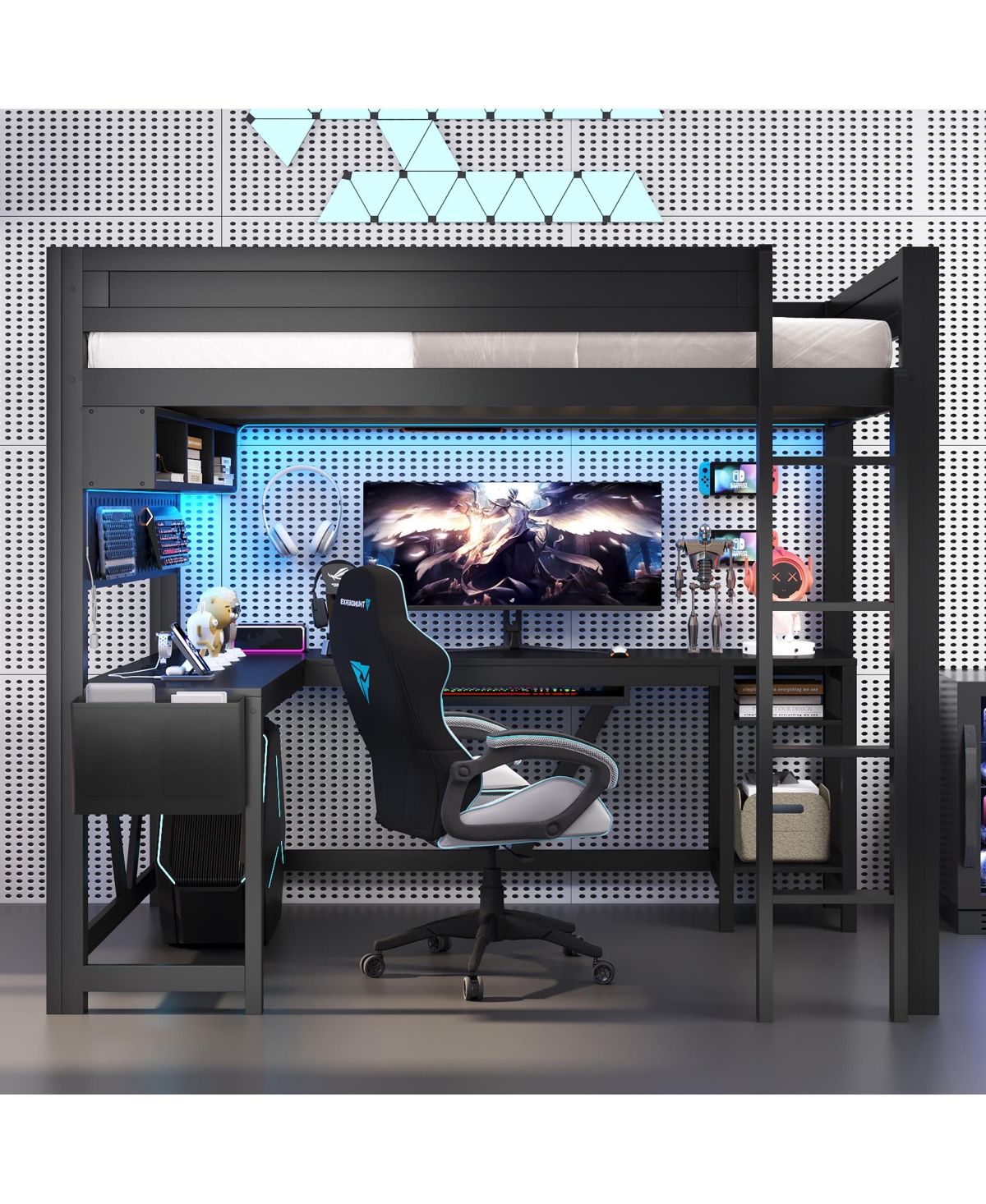 Flynama Wood Full Size Gaming Loft Bed w Built In Desk Charging Station Led Lighting Storage Shelves Multifunctional Modern Living Spaces Furniture