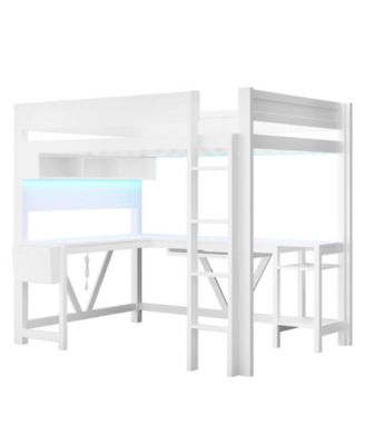 White Wood Full Size Gaming Loft Bed Built In Desk Charging Station LED Lighting Storage Shelves Multifunctional Modern Living Space Furniture