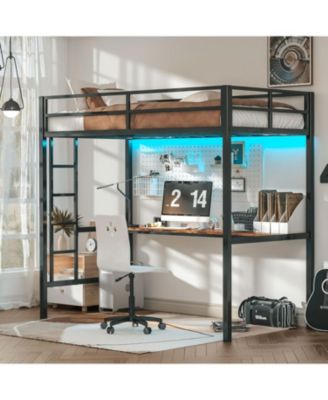 Twin Loft Bed with Desk, Power Outlet & LED Lighting, Space-Saving Design, Black