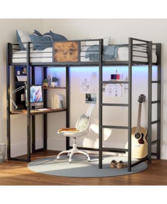 Twin Metal Loft Bed with Desk, Shelves and 2 Built-in Ladders, Power Outlet and LED Lighted, Space-Saving