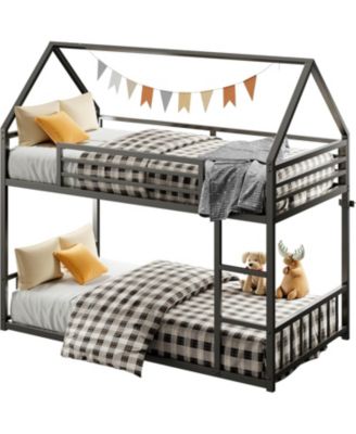 Twin Over Twin Metal Bunk Bed with Ladder & Guardrail, House-Shaped Frame, Space-Saving Design, No Box Spring Needed – Black
