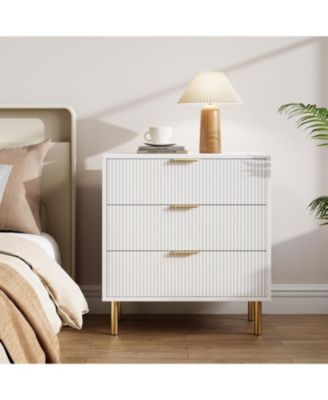 3-Drawer Modern White Dresser, 30" Tall, Fluted Chest with Gold Handles, Anti-Tip Device, Bedroom, Living Room, Kids Room