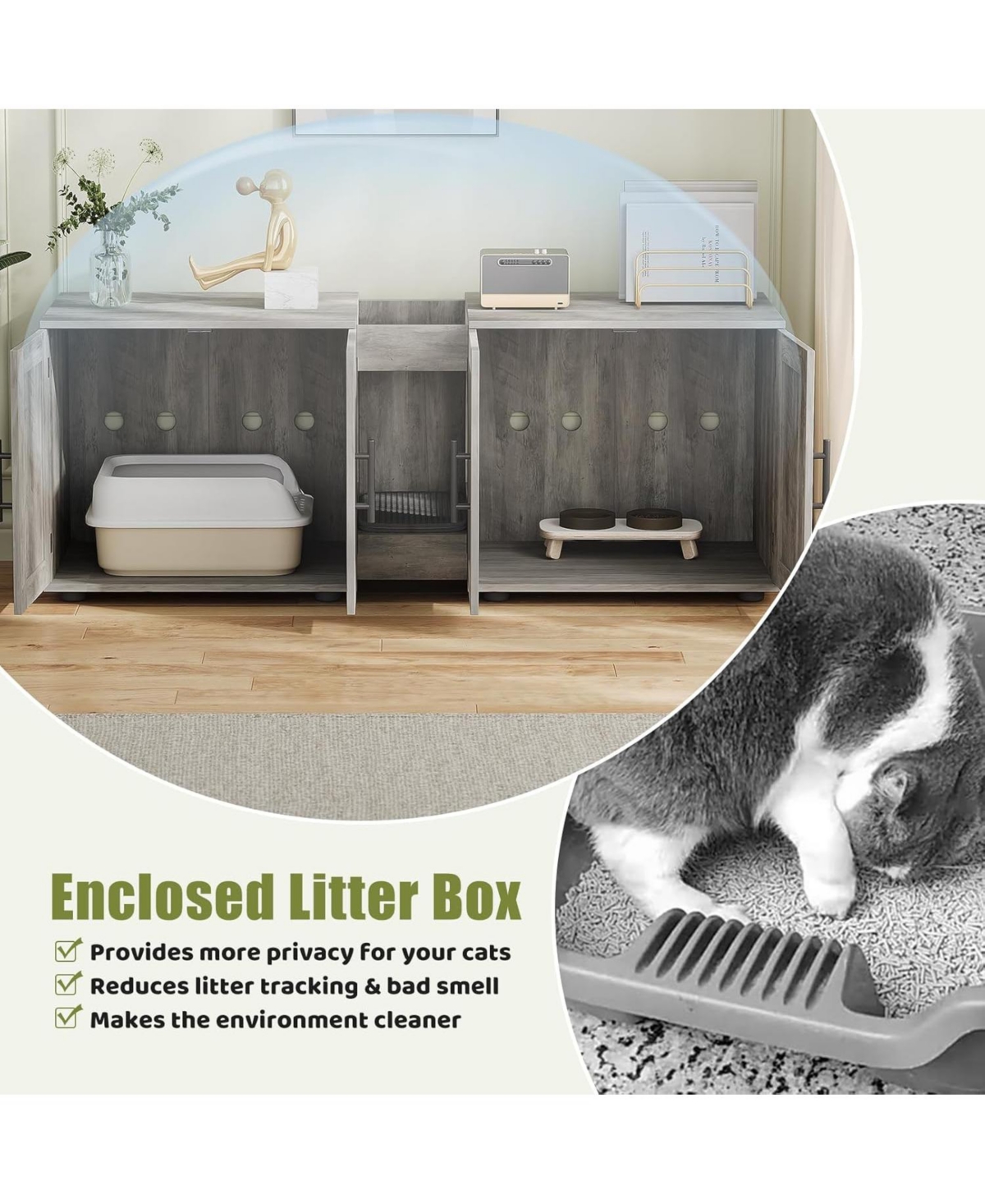 gaomon Double Room Cat Litter Cabinet, Stylish Storage Litter Box Enclosure for Two Cats, Cat Mat, Organizer, Gray