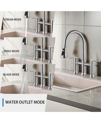 Boyelliving 3 Hole Kitchen Faucet with Pull Down Sprayer, Double Handle Kitchen Sink Faucet Brass Vintage Kitchen Faucets