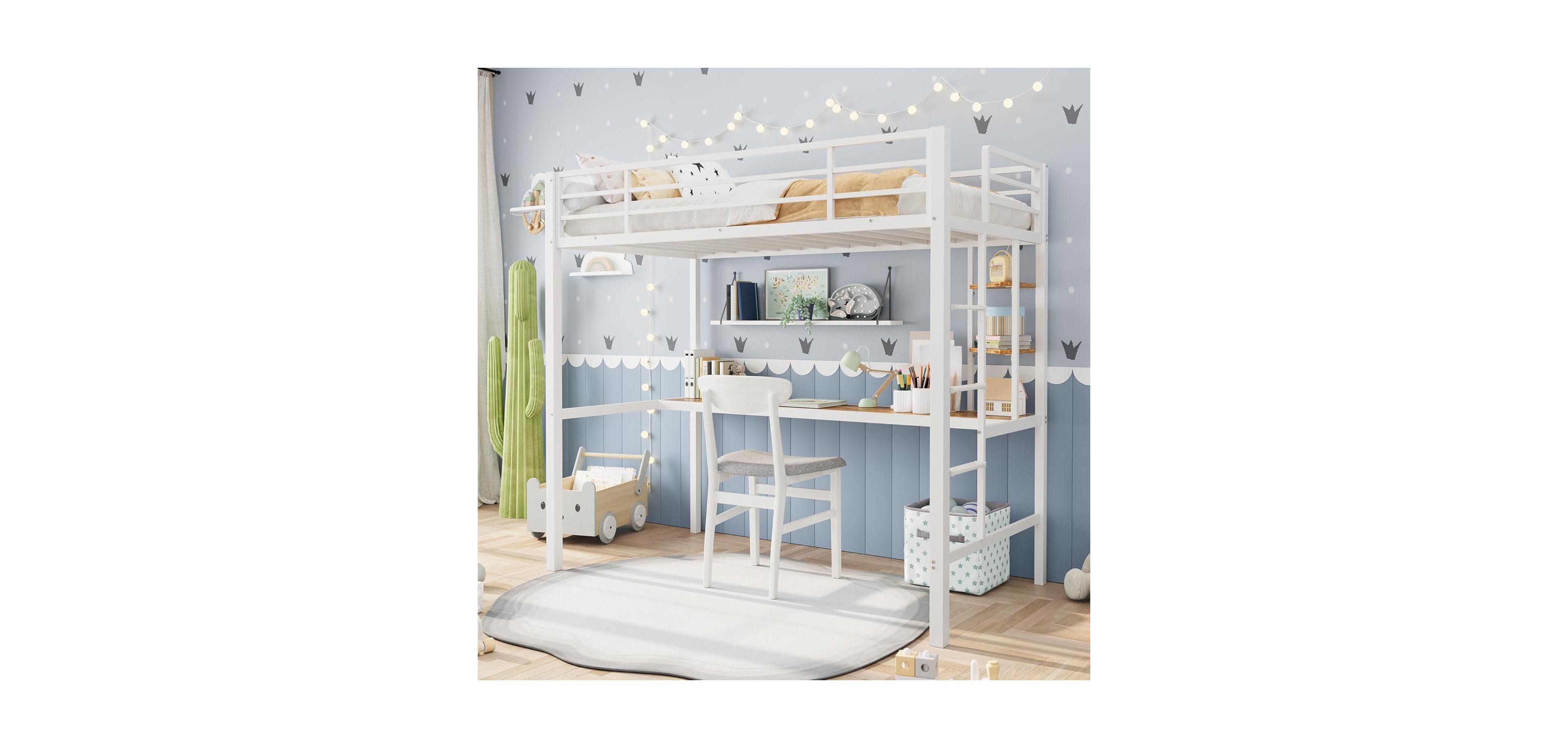 gaomon Twin Size Metal Loft Bed with Large Desk and Storage Shelves, Heavy Duty Platform Bed with Ladder and Safety Guardrail