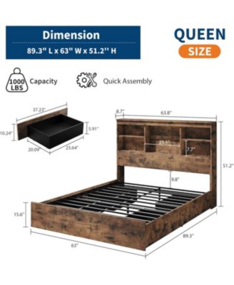 Bed Frame with Storage - 51" Bookcase Headboard, 4 Drawers, Charging Station, No Box Spring Needed, 1000LBS Capacity - Standard/Queen