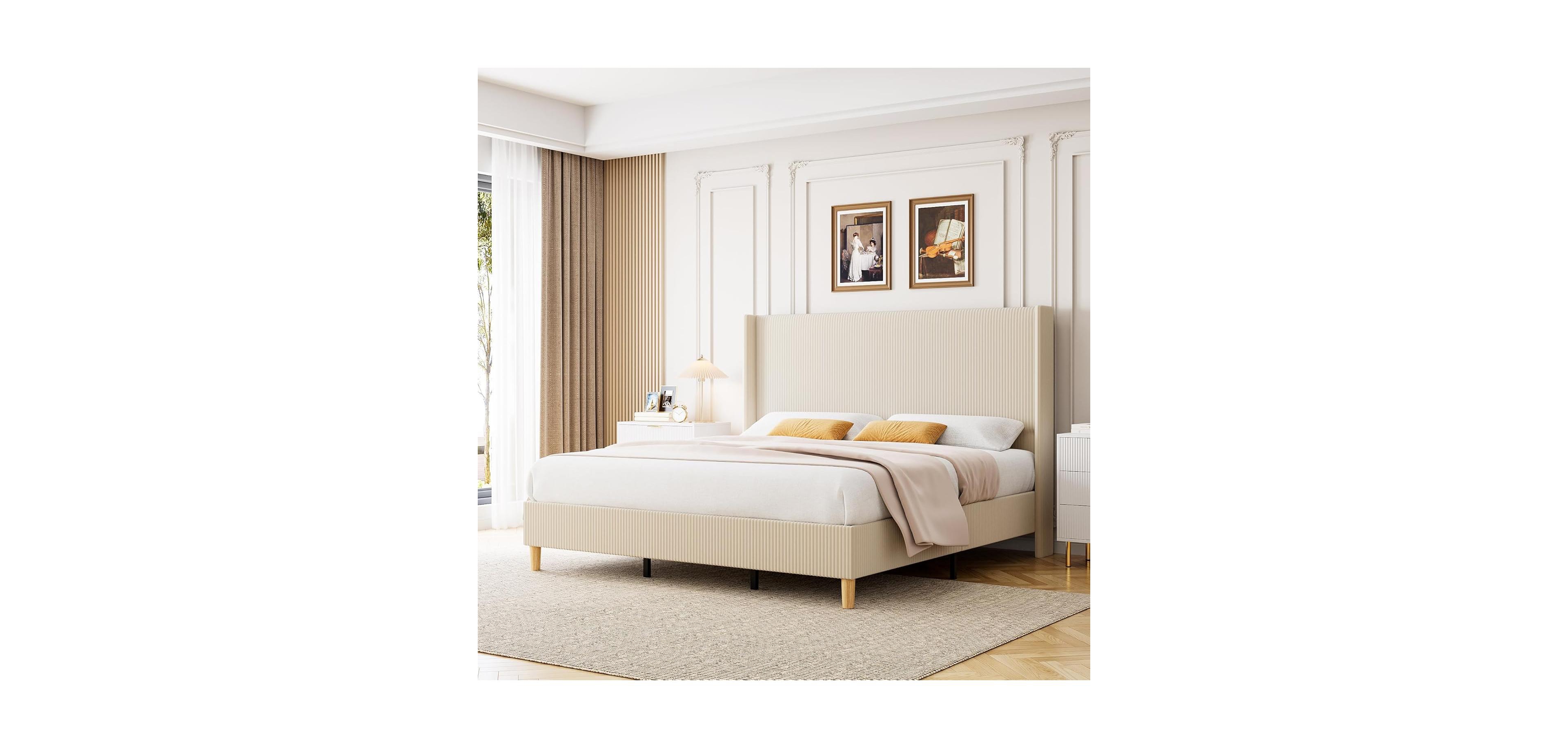 gaomon Size Corduroy Upholstered Platform Bed Frame with 51" Wingback Headboard, Vertical Stripes, Wooden Slats