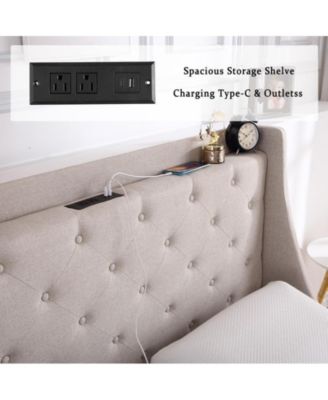 Full Bed Frame with Charging Station, Upholstered Platform Bed Frame with Wingback Headboard