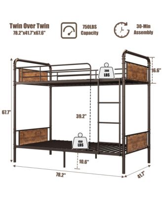 Metal Bunk Bed Twin Over Twin for Kids, Heavy Duty Twin Size Convertible Bunk Bed with Guardrail & Ladders