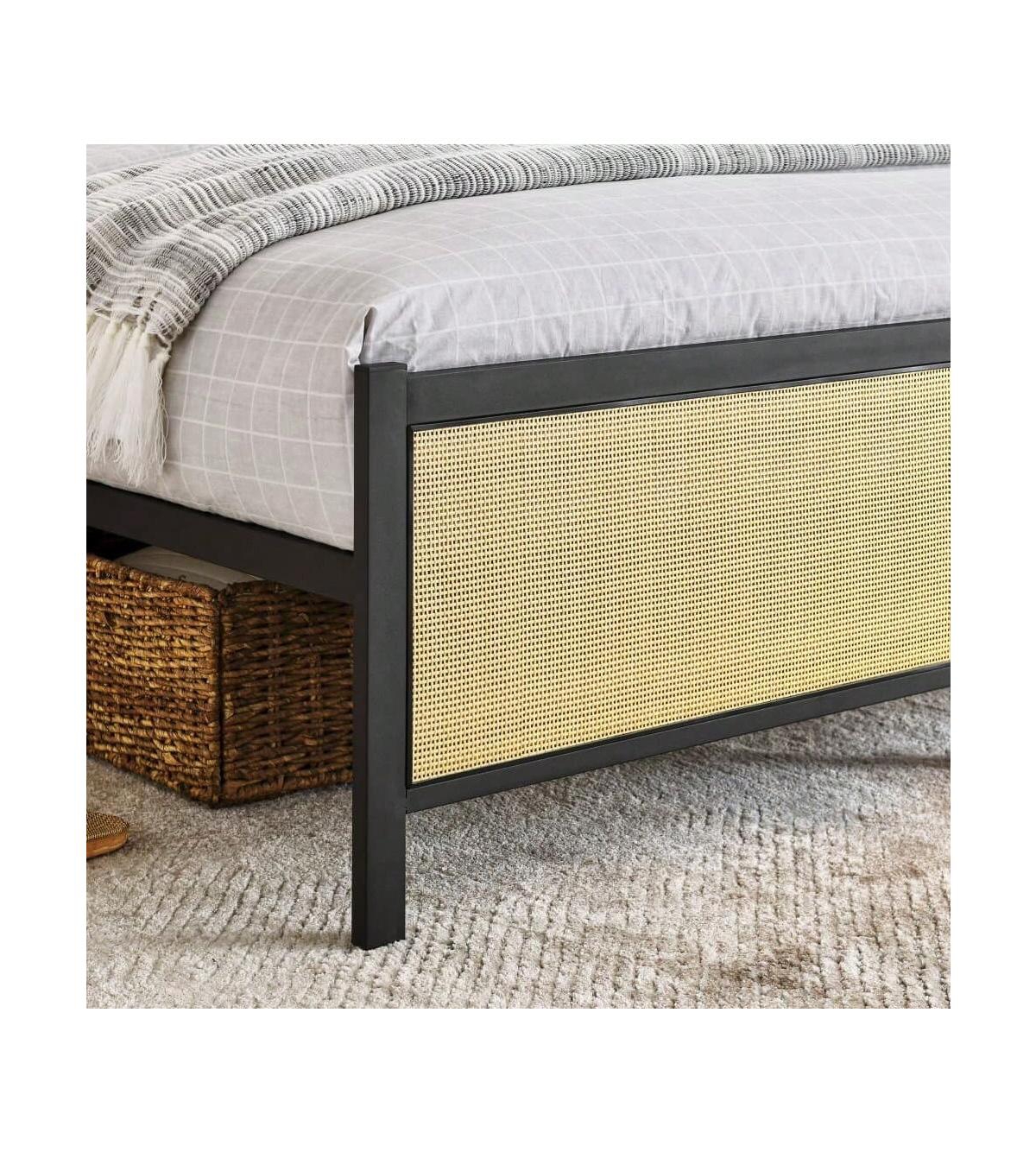 gaomon Full Size/Queen Size Bed Frame with Rattan Headboard, Metal Platform Bed with Led Light Usb Charging Port
