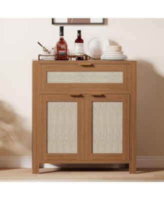 Rattan Buffet Cabinet with Storage, Narrow Sideboard with Doors & Drawer, Wood Console Table for Living Room