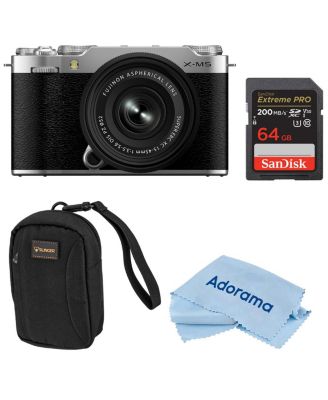 X-M5 Mirrorless Camera with XC 15-45mm f/3.5-5.6 OIS PZ Lens, Silver, Bundle with 64GB Memory Card, Camera Case