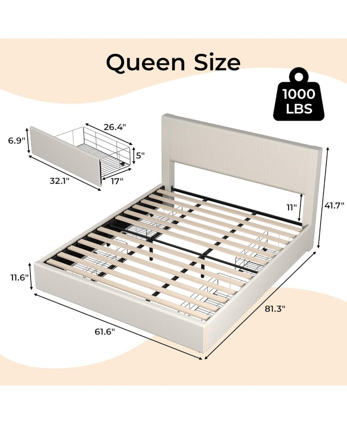 Gaomon Corduroy Upholstered Platform Bed Frame with Tufted Wingback Headboard, Wood Slat Support, and 4 Storage Drawers.