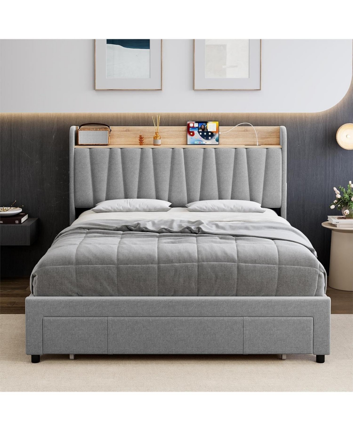 gaomon Upholstered Bed Frame with Storage Headboard, Drawer, Charging Station, Linen Platform