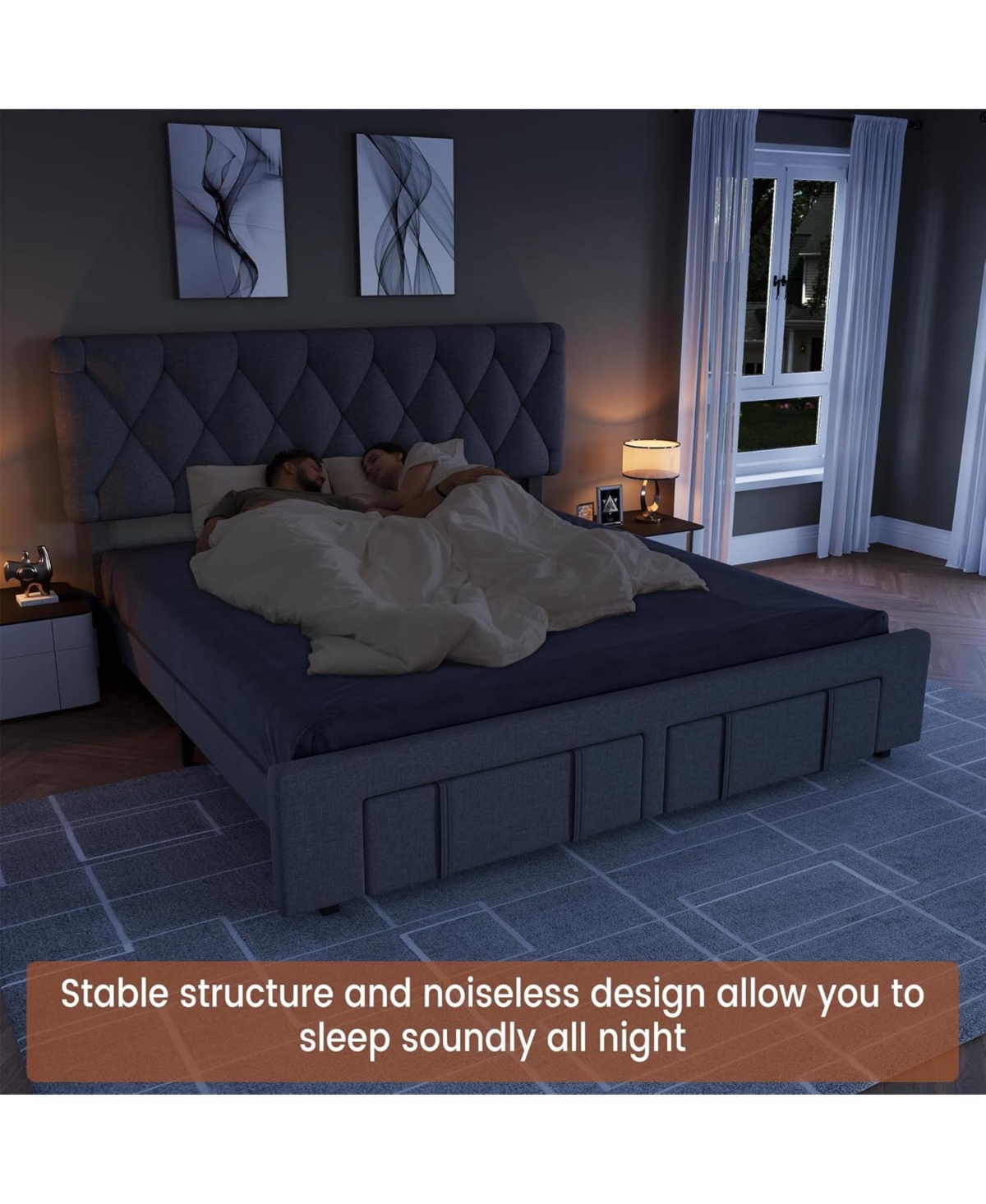 Gaomon Upholstered Platform Bed Frame with 2 Storage Drawers, Solid Wood Slats, No Box Spring Needed