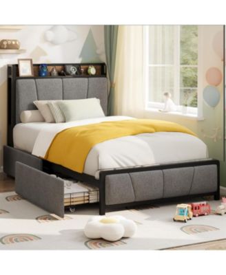 King Size Upholstered Bed Frame with Storage Headboard, 2 Drawers, USB Charging Station, No Box Spring Needed, Heavy Duty