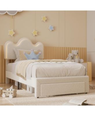 Princess Bed Frame with LED Headboard & Storage Drawers, Adjustable Boucle Platform Bed for Girls, No Box Spring Needed