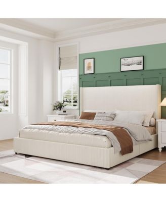 Queen Size Upholstered Platform Bed Frame with Storage Drawers, Corduroy Wingback, Tufted Headboard & Footboard, No Box Spring Needed