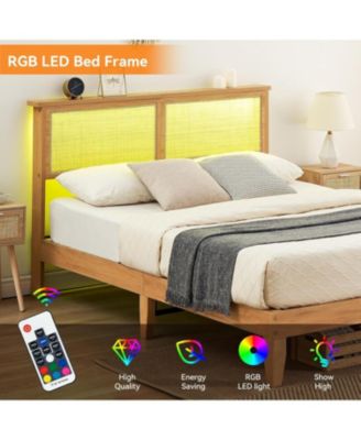 Bohemian Platform Bed Frame with Rattan Storage Headboard, Adjustable LED Lights, Solid Wood Support, No Box Spring Needed - Full