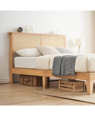 Bohemian Platform Bed Frame with Rattan Storage Headboard, Adjustable LED Lights, Solid Wood Support, No Box Spring Needed