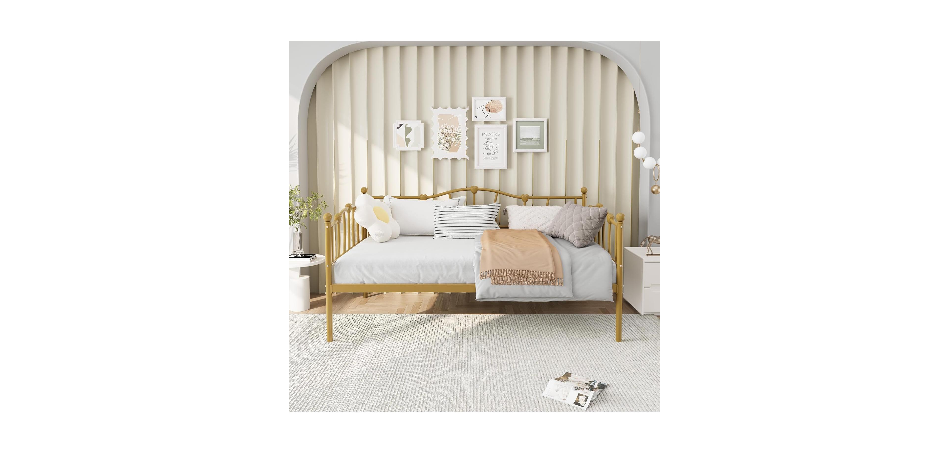 gaomon Twin Daybed Frame, Metal Platform Sofa Bed with Headboard, Heavy Duty Steel Slats, 12” Storage, No Box Spring Needed