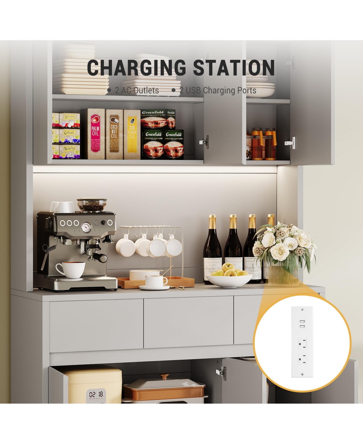 gaomon 70" Kitchen Food Pantry with Charge Station, Led Light,Storage Cabinet