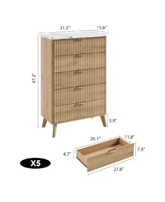 Fluted Dresser for Bedroom with 5 Deep Drawers, 47in Tall Chest of Drawers with Faux Marble Top, Curved Profile Design, White with Walnut Top