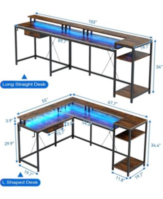 55" Brown L-Shaped Desk with Drawer & LED, Versatile Corner Home Office Desk with USB Charging, Power Outlet, Monitor Stand