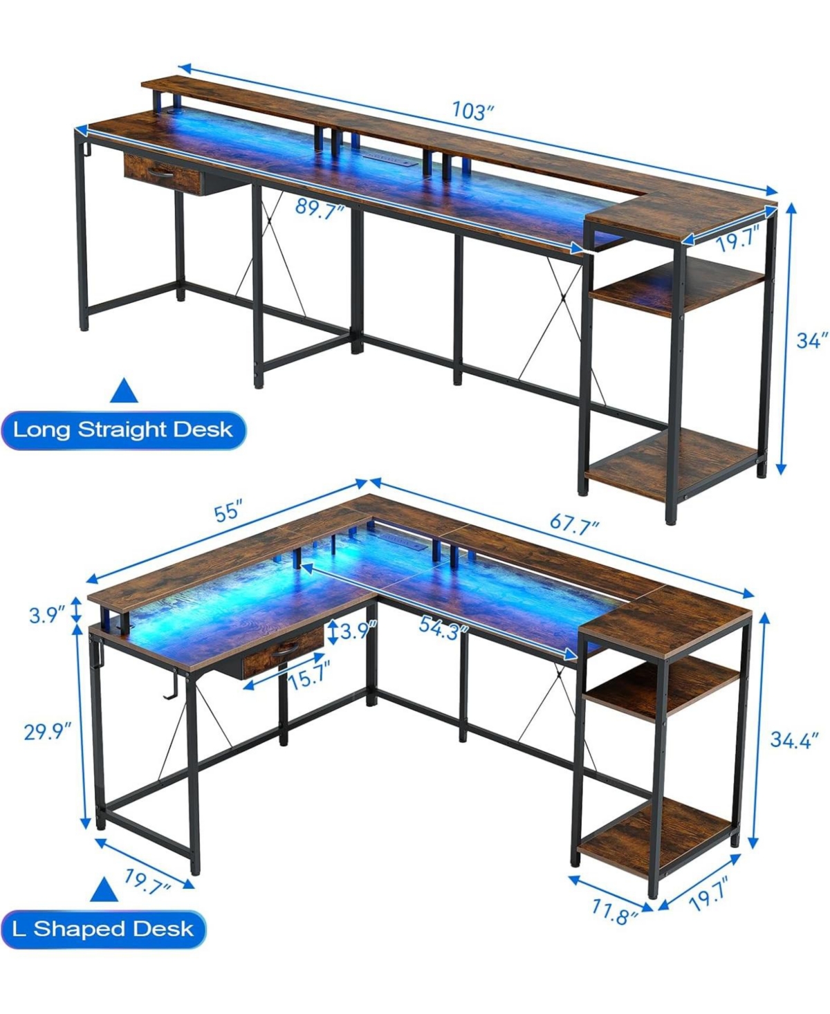gaomon 55" Brown L-Shaped Desk with Drawer & Led, Versatile Corner Home Office Desk with Usb Charging, Power Outlet, Monitor Stand