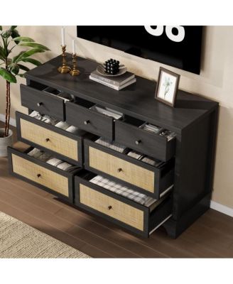 7-Drawer Modern Dresser for Bedroom, Wood Chest with Natural Rattan Fronts, Sturdy Base, Organizer for Living Room, Entryway, Hallway