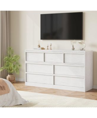 7-Drawer Modern Double Dresser Organizer, Large Storage Wooden Chest for Bedroom, Living Room, Nursery, White