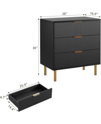 3-Drawer Modern Black Dresser, 30" Tall, Fluted Chest with Gold Handles, Anti-Tip Device, Bedroom, Living Room, Kids Room