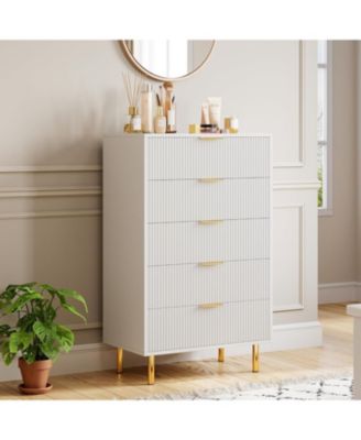 5-Drawer Modern White Dresser, Wood Chest Organizer with Gold Handle, Tall Cabinet for Bedroom, Living Room, Entryway