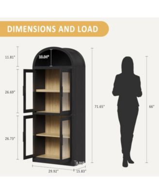 71.4 Inch Arched Bookshelf with Glass Doors, Rustic Premium Wood Display Cabinet for Living Room, Black