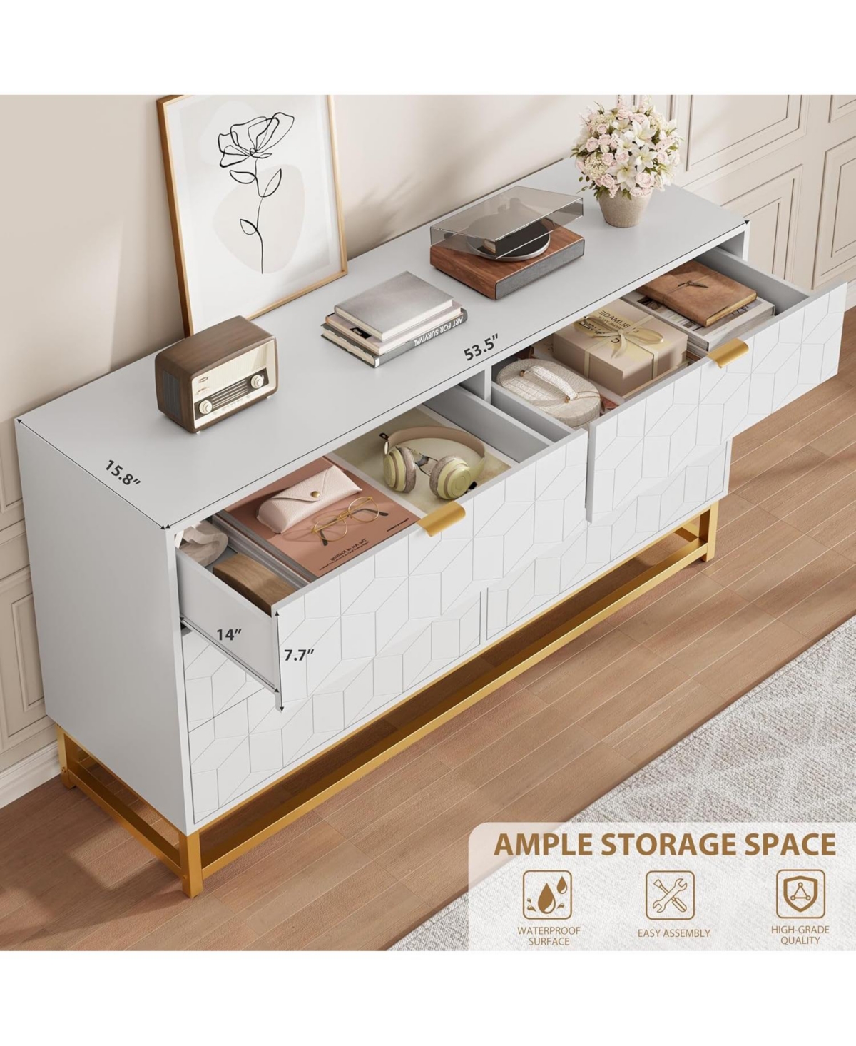 gaomon 53.5 Inch 6-Drawer Modern Dresser, Wide Chest with Gold Metal Legs & Handles, Storage for Bedroom, Living Room, Hallway, White