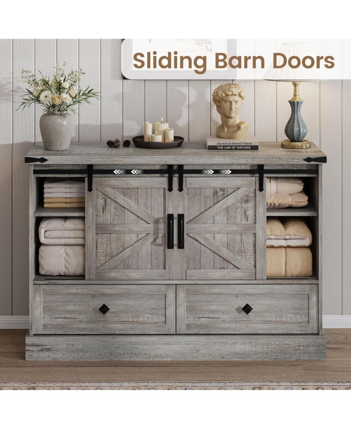 gaomon 4-Drawer Farmhouse Painted Engineered Wood Dresser, Sliding Barn Doors, Removable Divider, Bedroom, Grey