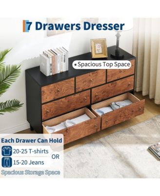 7 Drawer Modern Dresser, Space-Saving Narrow Wood Chest with Curved Profile, Vintage Handles, Bedroom, Entryway