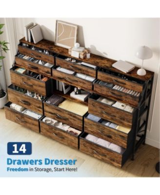 14 Foldable Fabric Drawer Dresser with Wood Top, TV Stand, Open Shelves, Metal Frame, Bedroom, Living Room, Brown