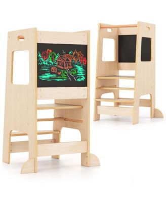 Girls Kitchen Step Stool with Activity Chalkboard Adjustable Height & Safety Rail