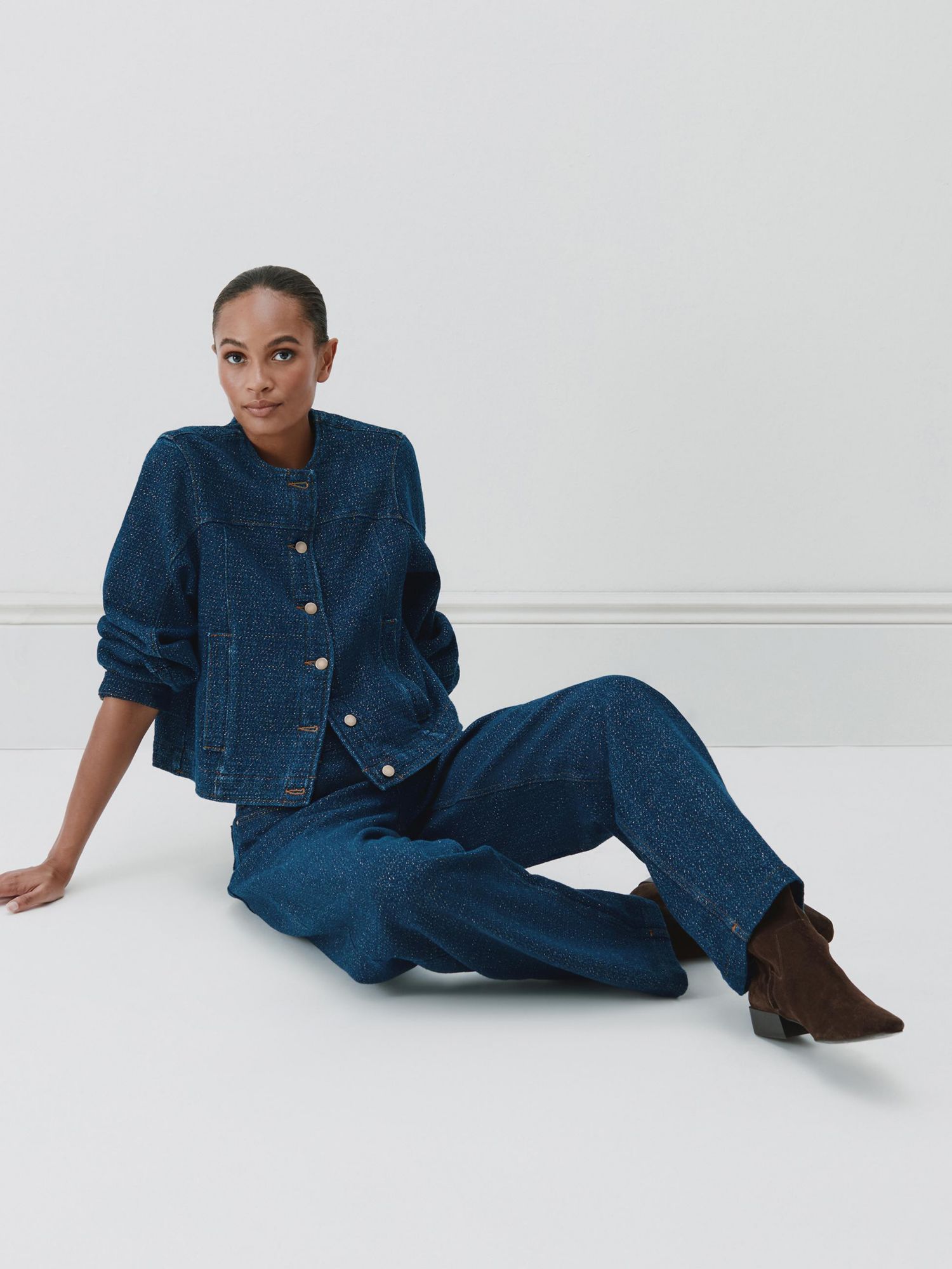 Women's Collarless Lurex Denim Jacket