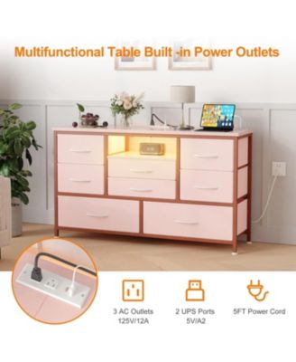 8-Drawer Dresser TV Stand with LED Lights & Charging Station, 55" Entertainment Center Storage, Rustic Brown, Pink