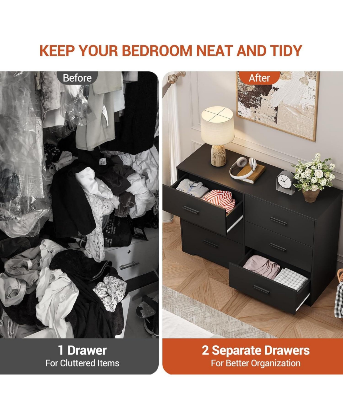 gaomon 6-Drawer Black Double Dresser 47" Wide, Modern Chest Tv Stand, Storage Cabinet with Metal Handles, Bedroom, Hallway