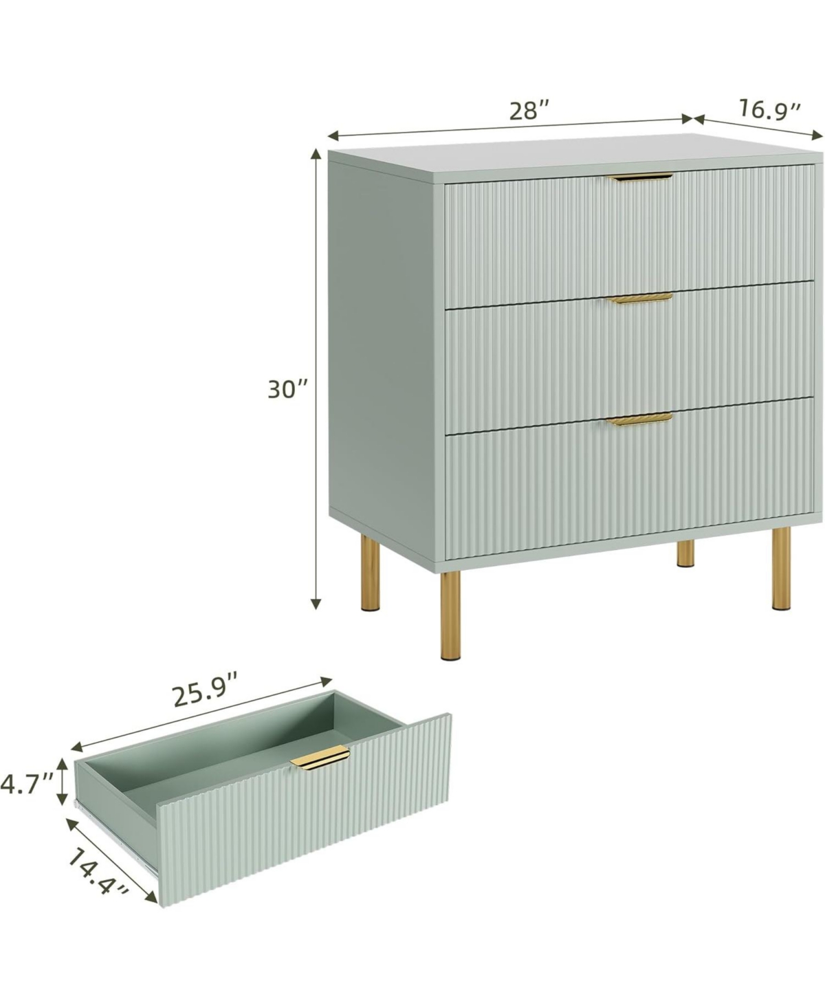 gaomon 3-Drawer Modern Green Dresser, 30" Tall, Fluted Chest with Gold Handles, Anti-Tip Device, Bedroom, Living Room, Kids Room