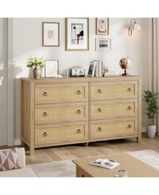 6-Drawer Boho Design Engineered Wood Rattan Dresser, Bedroom, Closet, Living Room Storage, Anti-Tip, Natural