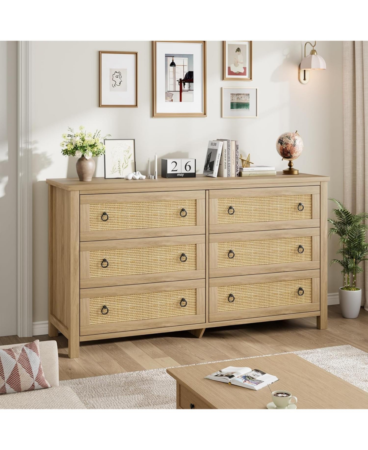 gaomon 6-Drawer Boho Design Engineered Wood Rattan Dresser, Bedroom, Closet, Living Room Storage, Anti-Tip, Natural