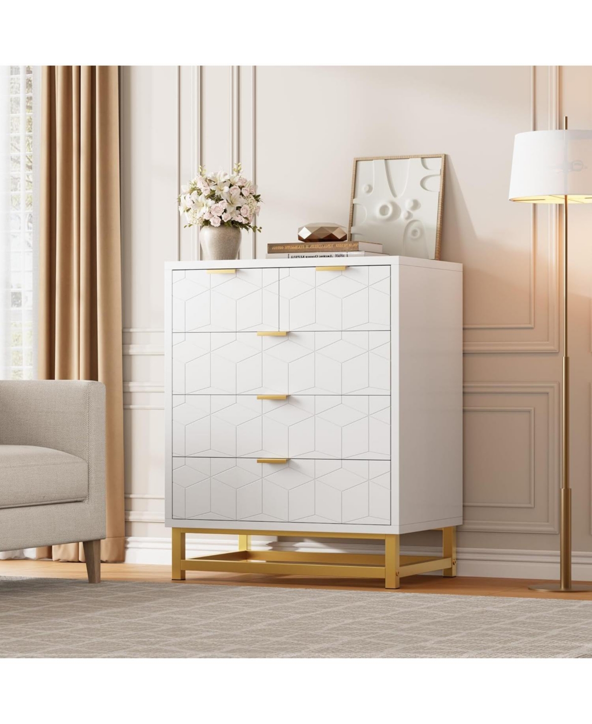 gaomon 5-Drawer White Bedroom Dresser with Metal Base, Modern Chest Cabinet Organizer for Living Room, Hallway, Closet