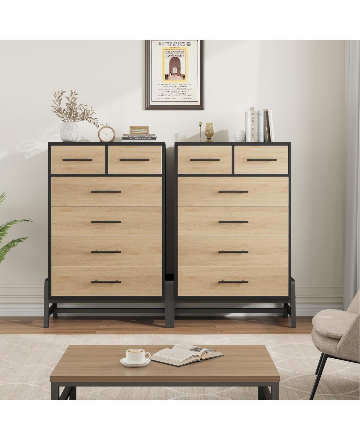 gaomon 4+2 Drawer Black Polished Engineered Wood Dresser, Chic Cabinet Legs, Waterproof Top, Anti-Tip, Modern Bedroom Storage