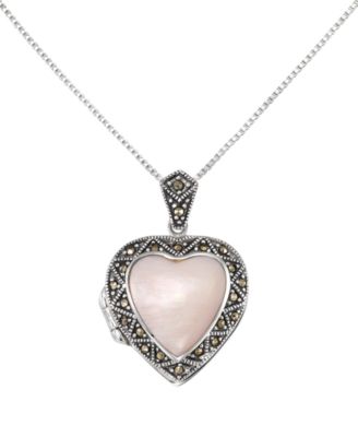 Marcasite (0.18 ct. t.w.) and Pink Shell Heart Locket Pendant Necklace in Sterling Silver