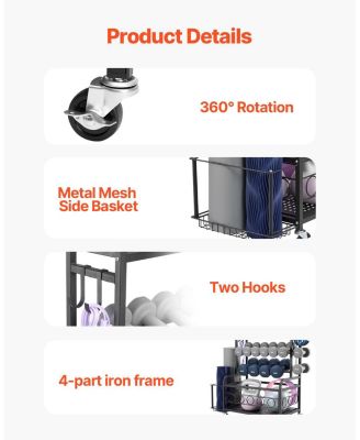 Yoga Mat Storage Rack, Steel Organizer with Hooks and Wheels for Dumbbells, Kettlebells and Fitness Accessories